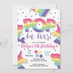 a pop birthday party card with the words pop on it and colorful confetti