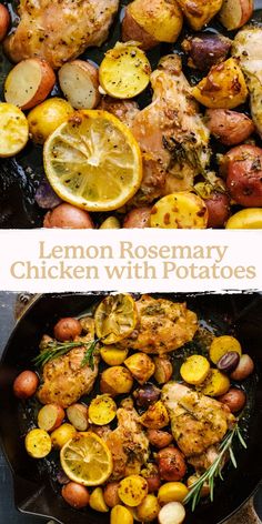 lemon rosemary chicken with potatoes in a skillet and on the side, there is an image