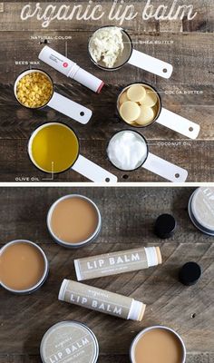 the ingredients to make lip balm are laid out on a wooden table and labeled in white letters