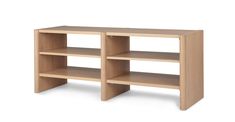 a wooden shelf with three shelves on each side