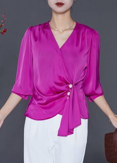 Purple Silm Fir Silk Blouses V Neck Asymmetrical Design FallFabric: Silk BlendedSize & Fit: Fit: This garment fits true to size.Length: Size M measures 19.5"from shoulder to hemBust: Great for any cup size. Waist: Loose Fit. Comfortable room throughout midsection.Hip: Loose Fit - room for hips. Hand Wash Cold. Cocktail Dress Classy Evening, Blouses V Neck, Top Summer Outfits, Silk Blouses, Tunic Designs, Silk Tops, Fashion Tops Blouse, Neckline Designs, Stylish Dress Designs