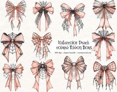 watercolor peach cobwel ribbon bows with spider webs on each bow