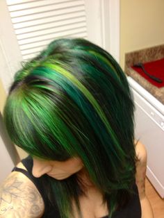 Green Peakaboo Hair, Lime Green Hair Ideas, Dyed Hair Green And Black, Blue And Green Chunky Highlights, Green Hair With Blue Highlights, Blue And Green Streaks In Hair, Unique Hair Color Combinations, Emerald Green Hair Color Ideas, Green Hair With Black Highlights