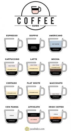 coffee guide with different types of cups and their names