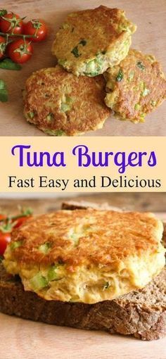 the cover of tuna burgers fast easy and delicious, with tomatoes on the side