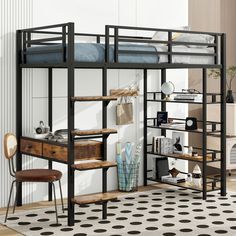 Twin Size Metal Loft Bed With Desk And Shelves Desk And Shelves, Metal Loft Bed, Loft Bed With Desk, Loft Bed Frame, Bed With Desk, Daybed With Storage, Bed Desk, Built In Desk, Desk Shelves