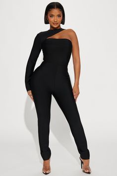 Available In Black And Red. Bandage Jumpsuit One Shoulder Long Sleeve Cut Out Open Back Back Zipper Wide Leg Stretch Inseam= 34" 97% Polyester 3% Spandex Imported Jumpsuit One Shoulder, Bandage Jumpsuits, Leg Stretching, Curve Dresses, Jumpsuit Fashion, Matching Dresses, Black Jumpsuit, Set Dress, Jumpsuits For Women