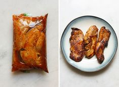 two pictures side by side one shows chicken and the other shows fish wrapped in plastic