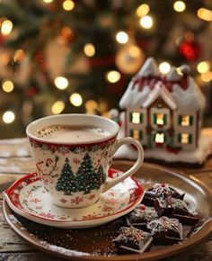 a cup and saucer on a plate with christmas decorations next to a small house