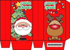 an origami box with santa claus and christmas tree on the front, in red