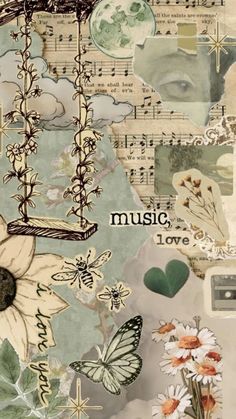 an artistic collage with flowers and music notes