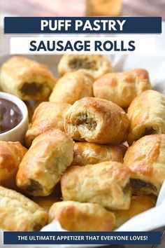 puff pastry sausage rolls with dipping sauce in the middle