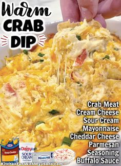 an advertisement for crab dip with the caption crab meat cream cheese mayonnaise cheddar cheese parmesan seasoning buffalo sauce