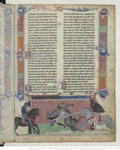 an open book with two horses and people riding on the pages, one in color