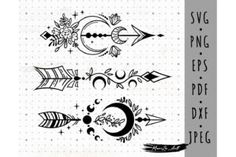 an arrow, moon and stars tattoo design on a sheet of paper with the words svg