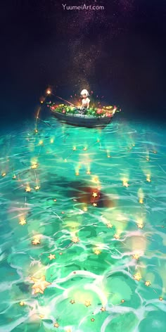 a boat floating on top of a body of water under a sky filled with stars