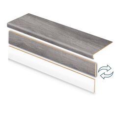 the side profile of a white and gray wood flooring board with an arrow pointing to it