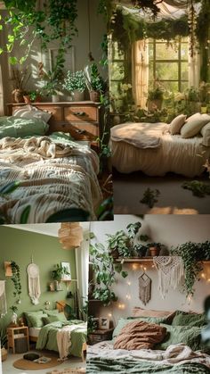 there are many different pictures of a bedroom with plants on the walls and bedding