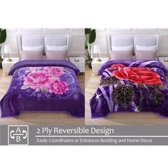 two photos of the same bedspread with flowers on them and one is purple