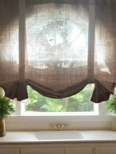 a kitchen window with two potted plants in front of it and the curtains pulled back