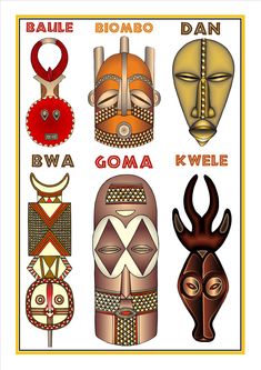 an image of african masks with names in different colors and designs on it's face