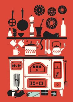 a red poster with black and white illustration of kitchen utensils on top of an oven