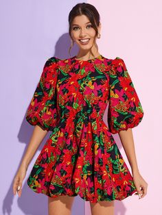 Multicolor Boho Collar Half Sleeve Polyester Tropical A Line Embellished Non-Stretch  Women Dresses Mexican Outfits, Evening Dress Short, Boutique Aesthetic, Earthly Delights, Tropical Print Dress, Tropical Fabric, Kurta Dress, Dream Dresses, Dress Shopping