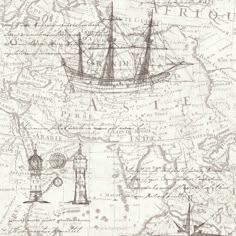 an old map with a boat and lighthouse on it