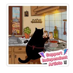 a black cat sitting on top of a kitchen counter