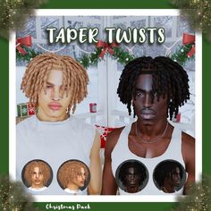 two men with dreadlocks are wearing white shirts and christmas decorations behind them is a green frame that says taper twists