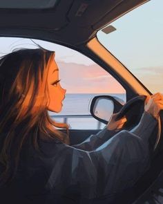 a woman driving a car with the sun setting in the background and water behind her