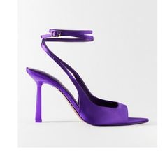 Nwt Zara Fabric High Heel Sandal Elegant Purple Sandals With Branded Heel, Purple Ankle Strap Sandals Fitted, Fitted Purple Sandals With Ankle Strap, Purple Summer Wedding Heels, Zara Luxury Heels For Summer, Elegant Purple Sandals For Evening, Elegant Purple Evening Sandals, Purple Sandals With Wrapped Heel For Evening, Elegant Closed Toe Sandals By Zara