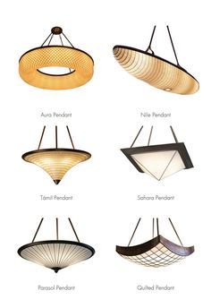 four different types of lights hanging from the ceiling in various shapes and sizes, with names on