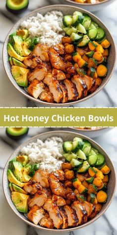 Looking for a delicious and easy hot honey chicken recipe? These Hot Honey Chicken Bowls are the perfect combination of sweet and spicy! Tender chicken breasts are coated in a flavorful honey sriracha sauce, paired with fresh vegetables like zucchini, summer squash, and creamy avocado, all served over a bed of cooked rice (or quinoa). This healthy, customizable meal is packed with bold flavors and is perfect for a quick weeknight dinner or meal prep. Honey Siracha Chicken Protein, Siracha Chicken Bowl, Honey Sriracha Chicken Bowl, Low Carb Chicken Meal Prep, Asian Chicken Bowl Recipe, Healthy Homecooked Meals, High Protein Bowls Meal Prep, Buffalo Chicken Bowl Healthy, Meal Prep Bowls Lunch Ideas