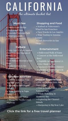 the california travel guide is shown in front of the golden gate bridge, with information about it