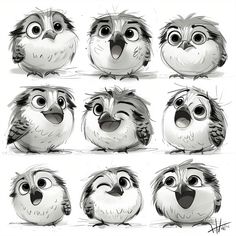 some very cute owls with different expressions on their faces and beaks, all looking at the same direction