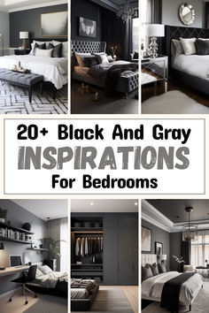 A selection of bedroom scenes featuring black and grey color palettes, elegant furniture, and tasteful decorations for home makeovers. Grey Bed Frame Black Nightstand, Grey Bedroom Feature Wall Ideas, Grey Feature Wall Bedroom Ideas, Gray Walls Black Trim Bedrooms, Masculine Bedroom Grey Headboard, Dark Grey And Light Grey Bedroom, Black Gray Bedroom Ideas, Gray Primary Bedroom, Dark Grey Bedroom Accent Wall