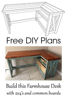 an image of a desk with the words free diy plans on top and below it