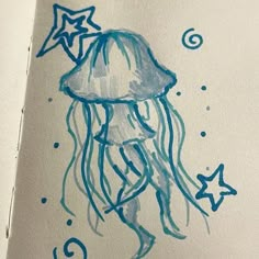 a drawing of a jellyfish with stars on its head and tail, in blue ink