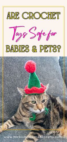 a cat wearing a crochet hat with the words are crochet toys safe for babies and pets?