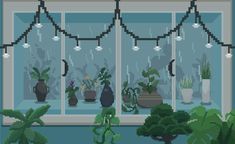 a room filled with plants and potted plants next to a window covered in string lights