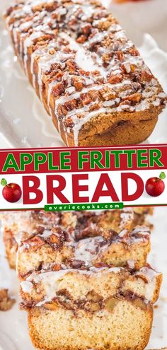 an apple fritter bread on a plate with the title overlay above it