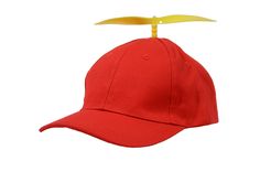 a red baseball cap with a yellow ribbon on the front and side, against a white background