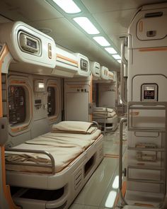 the inside of an airplane with beds and windows