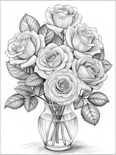 a drawing of roses in a vase with leaves