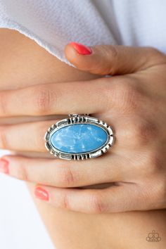 A refreshing blue oval stone is pressed into the center of a textured silver frame, creating an abstract artisanal display atop the finger. Features a stretchy band for a flexible fit.

 Sold as one individual ring. Sedona Sunset, Paparazzi Accessories Jewelry, Frame Ring, Stretch Ring, Blue Ring, Blue Stone Ring, Paparazzi Accessories, Oval Stone, Paparazzi Jewelry