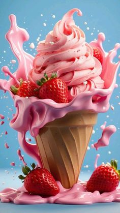 an ice cream sundae with strawberries and milk splashing around it on a blue background