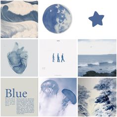 several different pictures with blue and white images on them, including people walking in the ocean