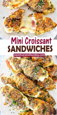 mini croissant sandwiches on a white plate with the title in red above it