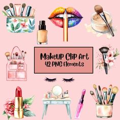 watercolor makeup clipart with flowers and cosmetics on pink background, including lipstick, eyeliner